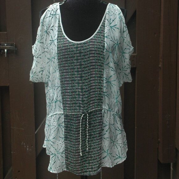 Language Tops - Anthropologie Language M Green & White Tie Dye Eyelet Blouse EUC